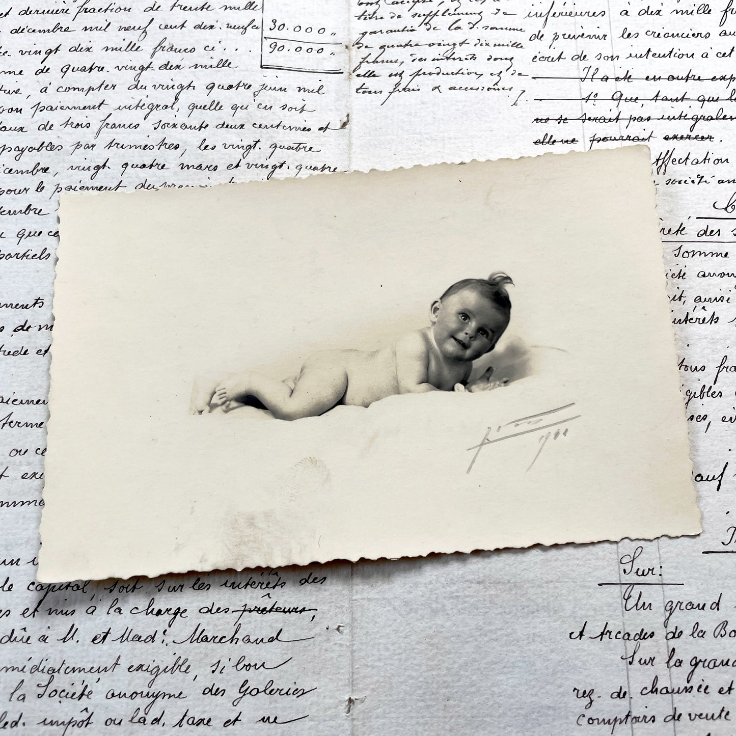 1940s - Adorable Vintage Baby Photograph - Smiling Infant Portrait - Black And White Print - French Family Keepsake From 1941