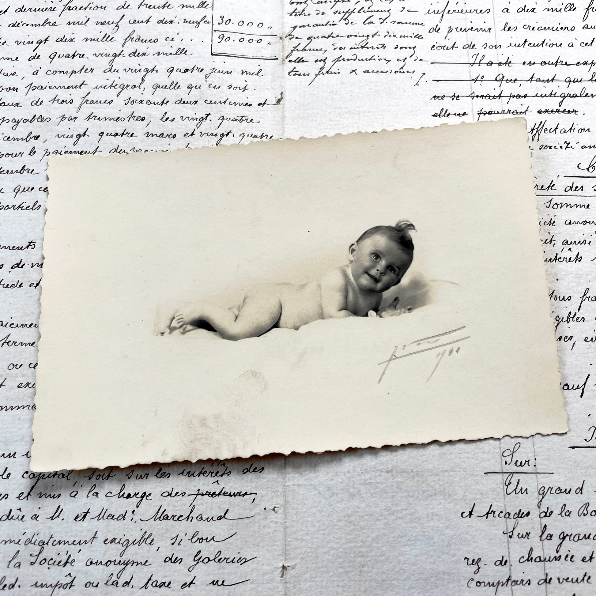 1940s - Adorable Vintage Baby Photograph - Smiling Infant Portrait - Black And White Print - French Family Keepsake From 1941
