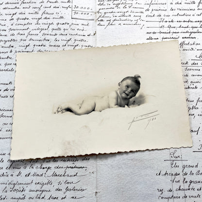 1940s - Adorable Vintage Baby Photograph - Smiling Infant Portrait - Black And White Print - French Family Keepsake From 1941