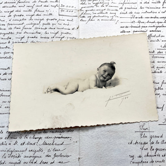 1940s - Adorable Vintage Baby Photograph - Smiling Infant Portrait - Black And White Print - French Family Keepsake From 1941