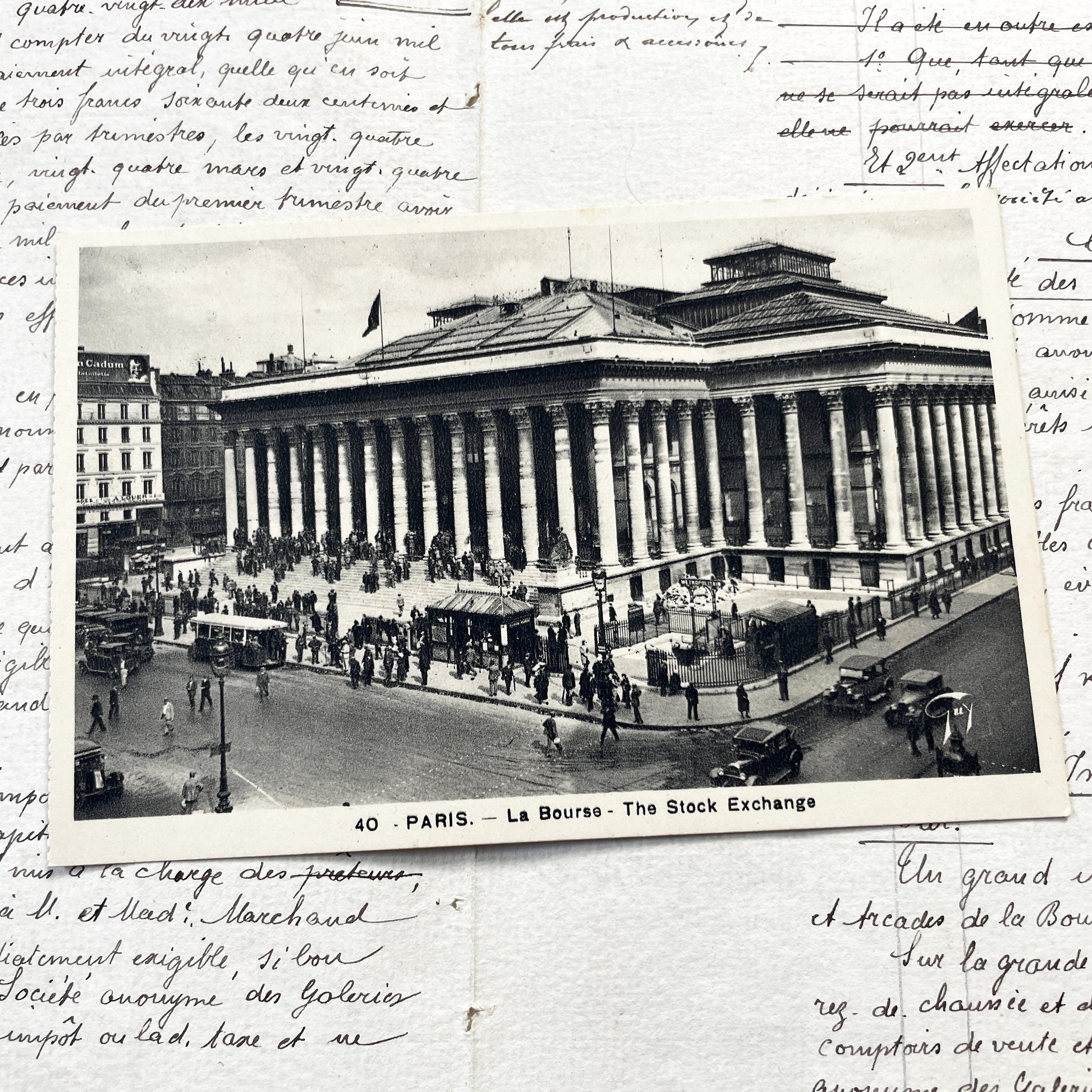 1930s - Paris La Bourse - Vintage French Stock Exchange Postcard - Palais Brongniart Street Scene - Black & White Photo Old Car