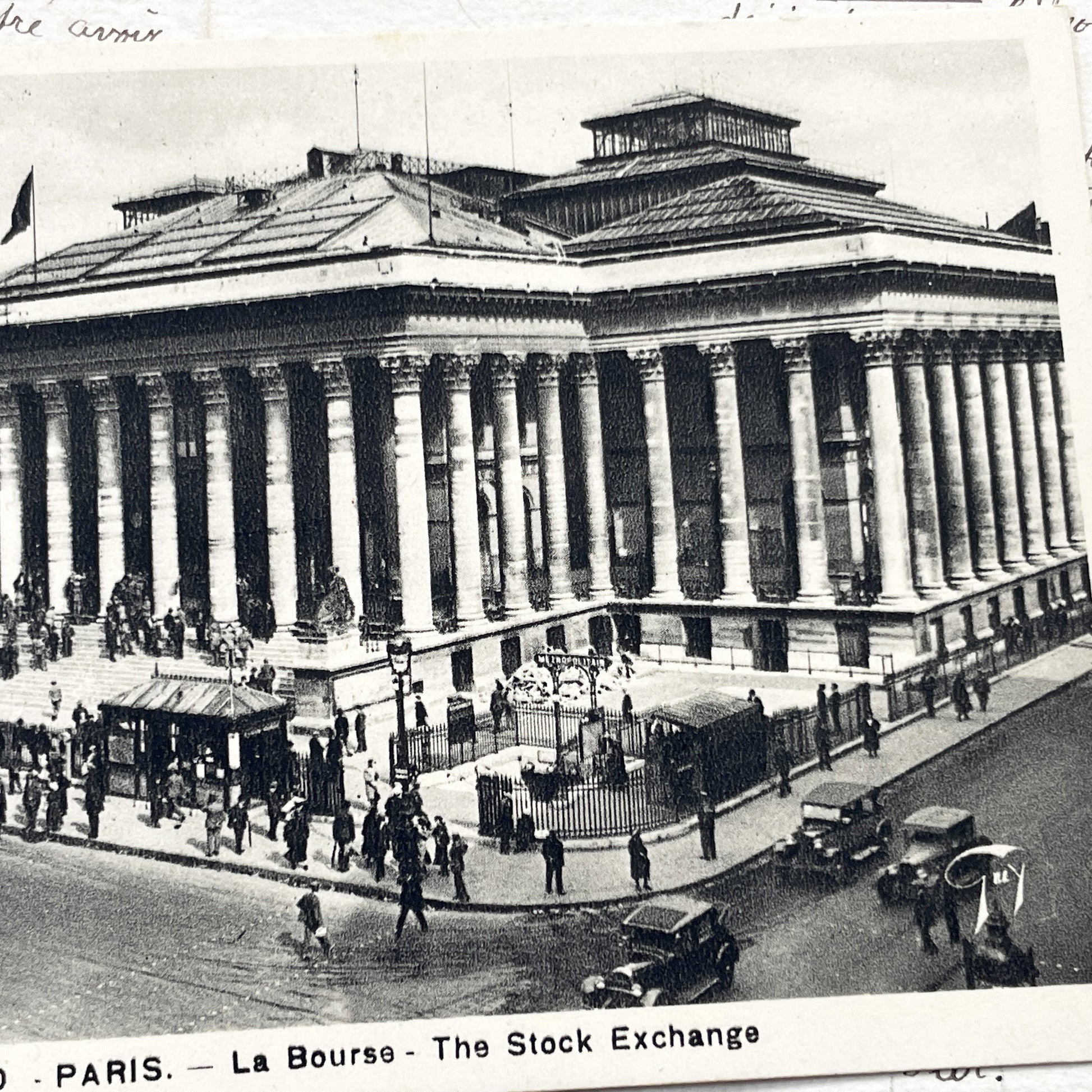 1930s - Paris La Bourse - Vintage French Stock Exchange Postcard - Palais Brongniart Street Scene - Black & White Photo Old Car