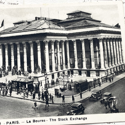 1930s - Paris La Bourse - Vintage French Stock Exchange Postcard - Palais Brongniart Street Scene - Black & White Photo Old Car