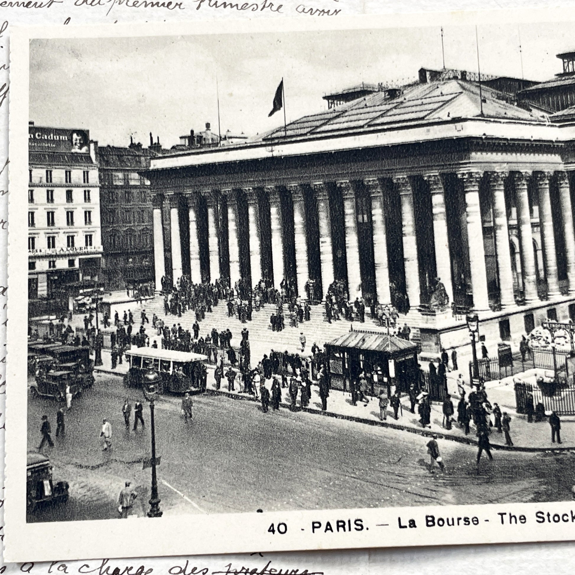 1930s - Paris La Bourse - Vintage French Stock Exchange Postcard - Palais Brongniart Street Scene - Black & White Photo Old Car