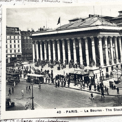 1930s - Paris La Bourse - Vintage French Stock Exchange Postcard - Palais Brongniart Street Scene - Black & White Photo Old Car