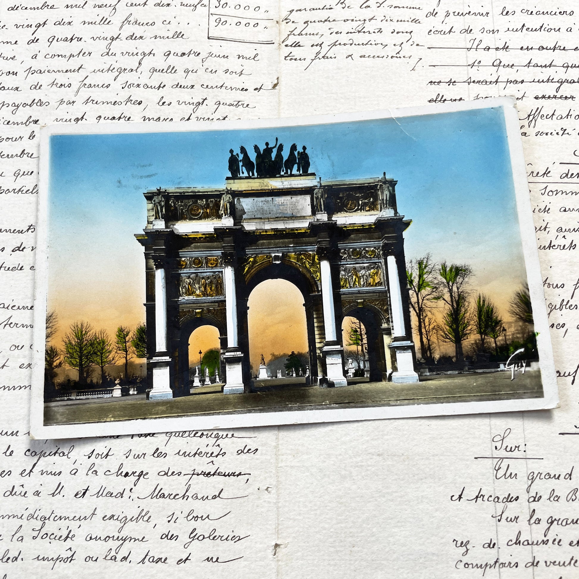 1930s - Antique French Postcard - Paris Arc de Triomphe du Carrousel - Hand Colored Landmark - Napoleonic Monument - Vintage City View