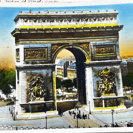 1930s - Vintage French Postcard - Paris Arc De Triomphe - Champs-Élysées Monument View - Hand Colored Historic City Scene