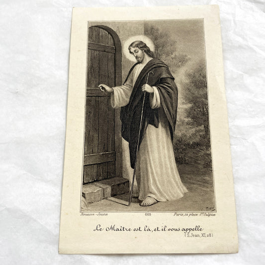 1900s - Antique French Religious Holy Card - Jesus Christ Knocking Door - Devotional Christian Art Print - Bouasse-Jeune Vintage Collectible