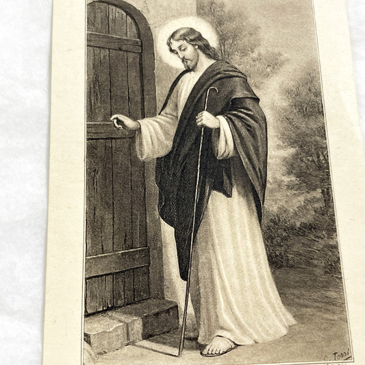 1900s - Antique French Religious Holy Card - Jesus Christ Knocking Door - Devotional Christian Art Print - Bouasse-Jeune Vintage Collectible