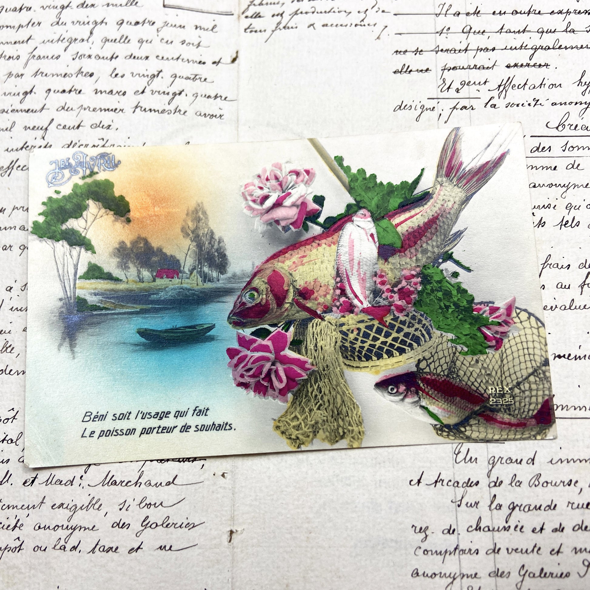 1910s - French April Fool's Day Postcard - Embossed Fish Net Fabric Flowers - Poisson d'Avril Wishes Collectible