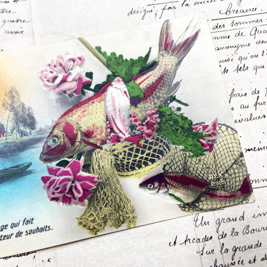 1910s - French April Fool's Day Postcard - Embossed Fish Net Fabric Flowers - Poisson d'Avril Wishes Collectible
