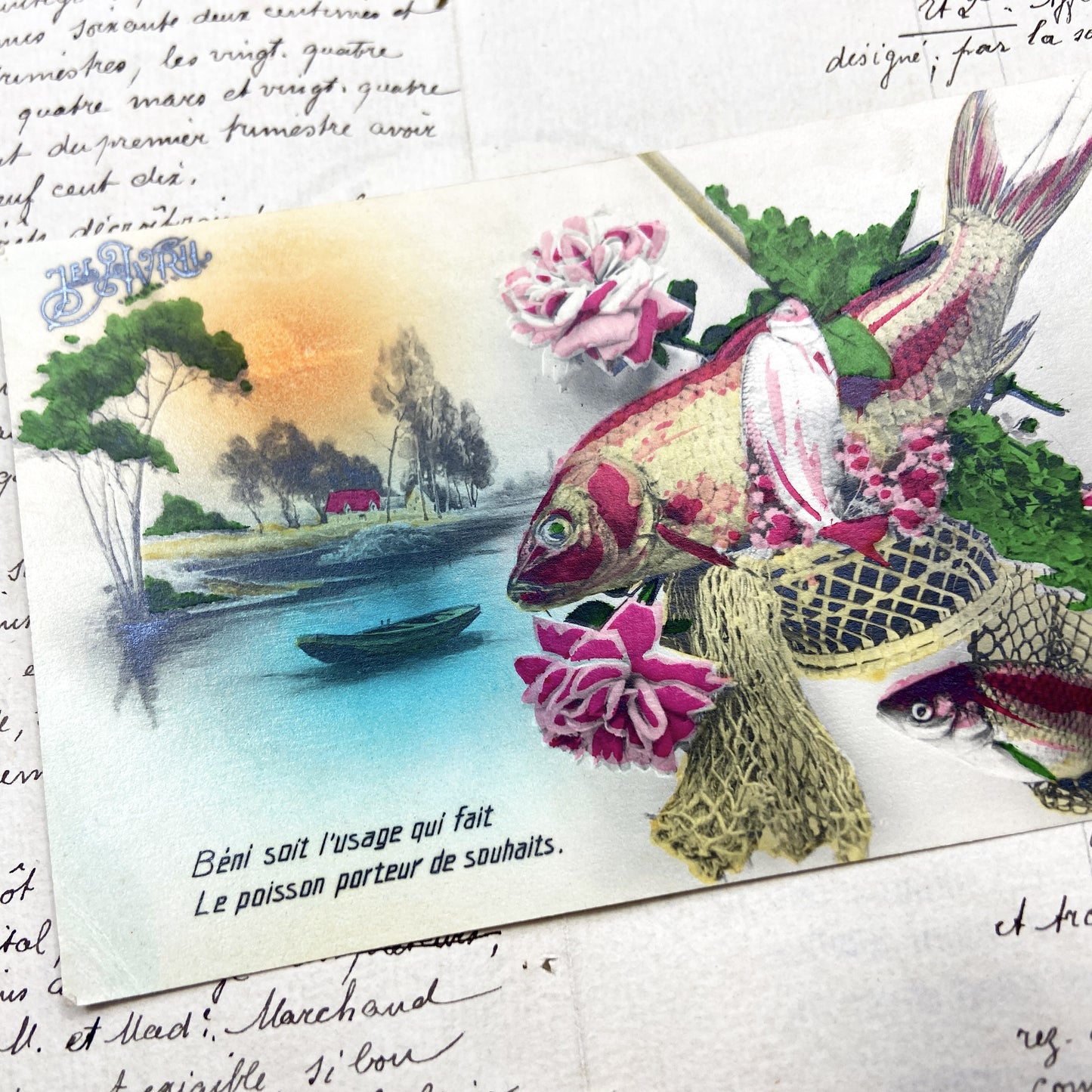 1910s - French April Fool's Day Postcard - Embossed Fish Net Fabric Flowers - Poisson d'Avril Wishes Collectible