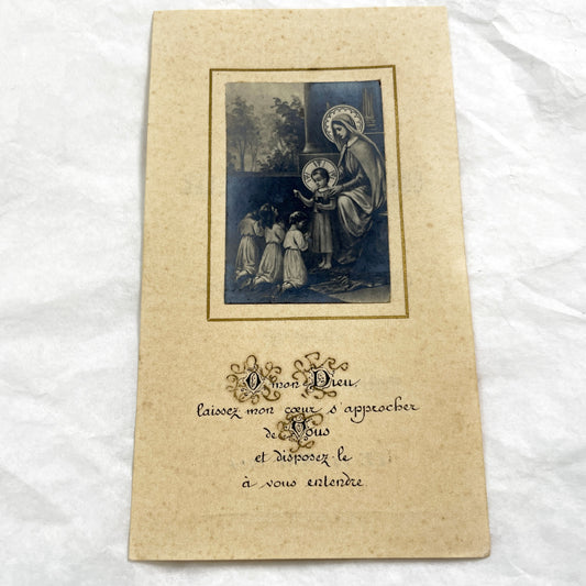 1910s - Antique French Religious Card - First Solemn Communion Memento - Virgin Mary Children Devotion - 1914 - Geneviève Liébaerts