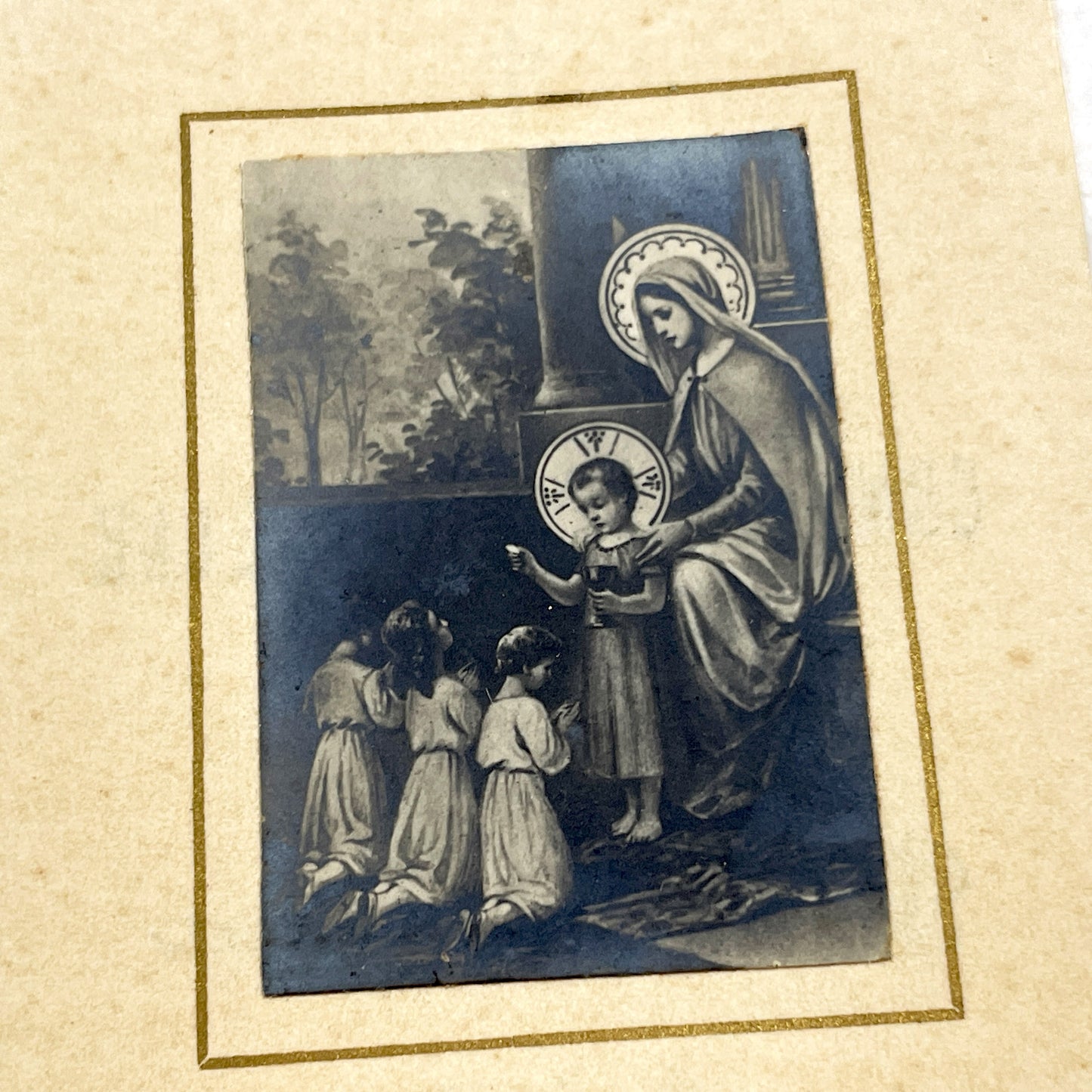 1910s - Antique French Religious Card - First Solemn Communion Memento - Virgin Mary Children Devotion - 1914 - Geneviève Liébaerts