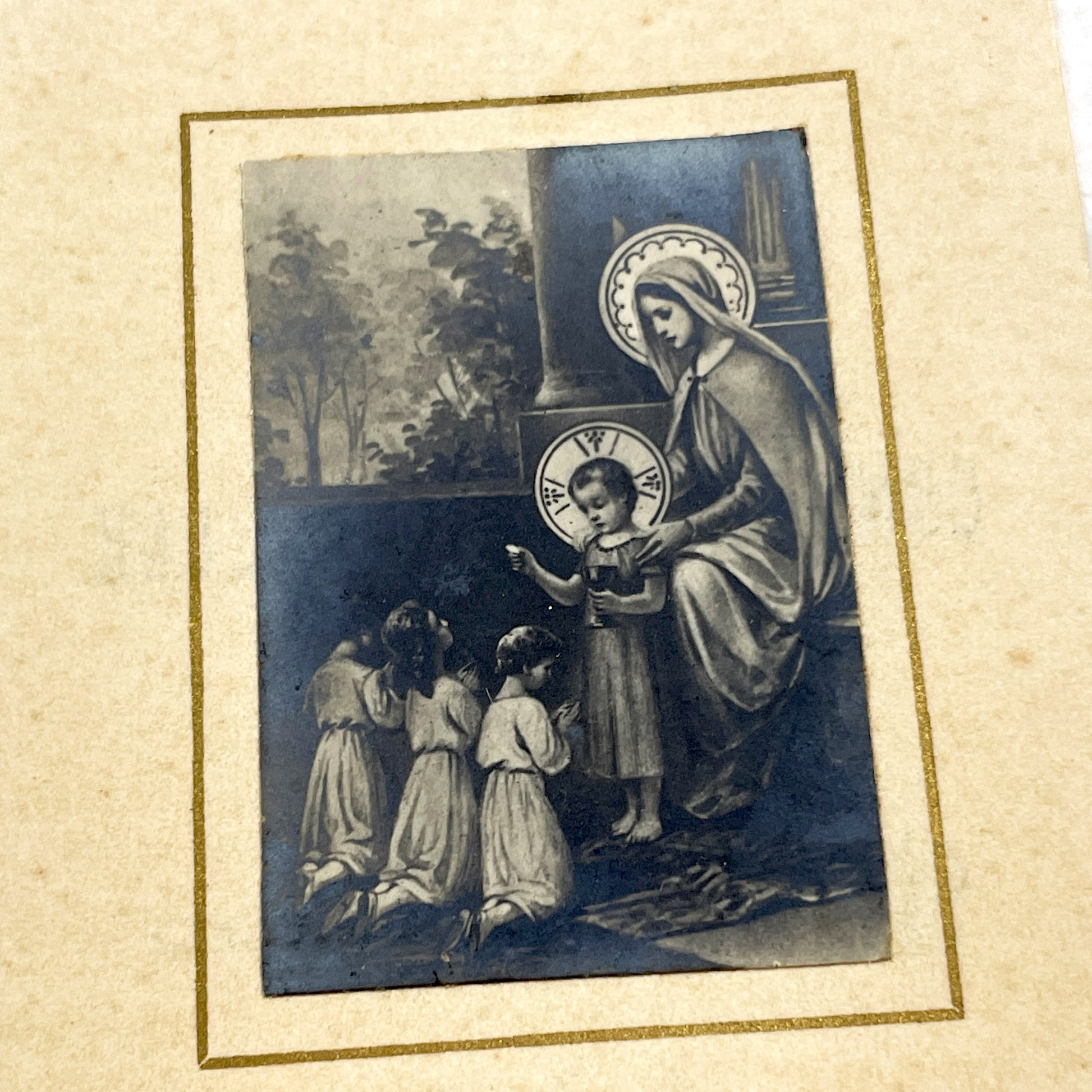 1910s - Antique French Religious Card - First Solemn Communion Memento - Virgin Mary Children Devotion - 1914 - Geneviève Liébaerts
