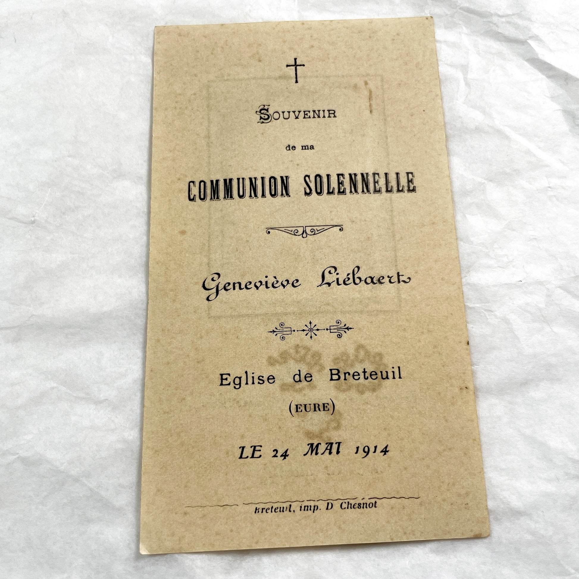 1910s - Antique French Religious Card - First Solemn Communion Memento - Virgin Mary Children Devotion - 1914 - Geneviève Liébaerts