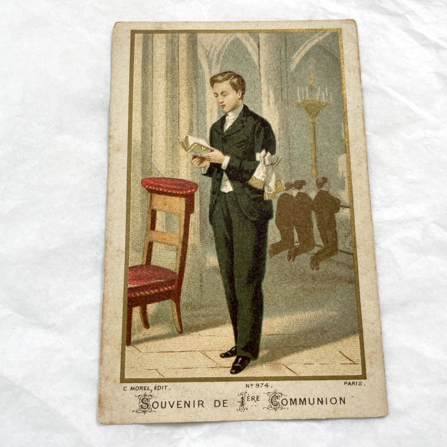 1900s - Vintage French Religious Card - First Communion Souvenir - Young Boy Reading Prayer Book - Church Art Ephemera Collectible