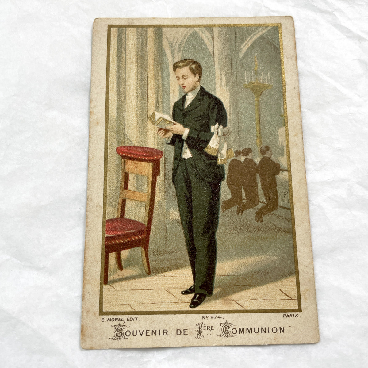 1900s - Vintage French Religious Card - First Communion Souvenir - Young Boy Reading Prayer Book - Church Art Ephemera Collectible