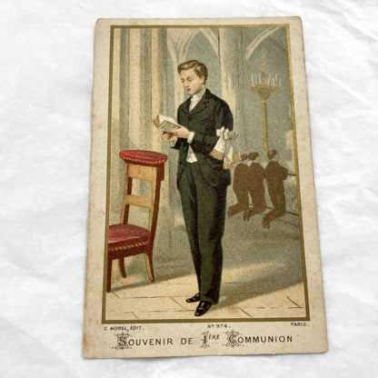 1900s - Vintage French Religious Card - First Communion Souvenir - Young Boy Reading Prayer Book - Church Art Ephemera Collectible