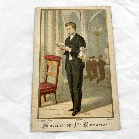 1900s - Vintage French Religious Card - First Communion Souvenir - Young Boy Reading Prayer Book - Church Art Ephemera Collectible