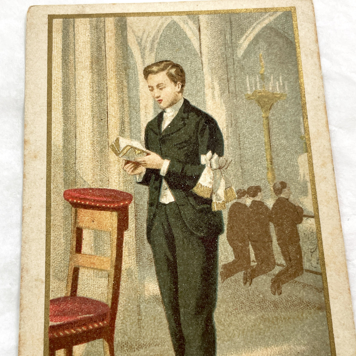1900s - Vintage French Religious Card - First Communion Souvenir - Young Boy Reading Prayer Book - Church Art Ephemera Collectible