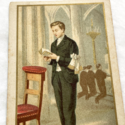 1900s - Vintage French Religious Card - First Communion Souvenir - Young Boy Reading Prayer Book - Church Art Ephemera Collectible