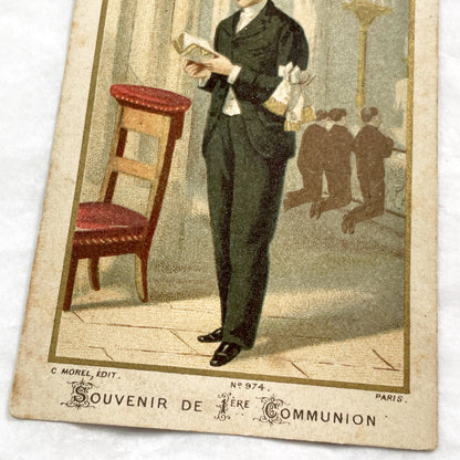 1900s - Vintage French Religious Card - First Communion Souvenir - Young Boy Reading Prayer Book - Church Art Ephemera Collectible