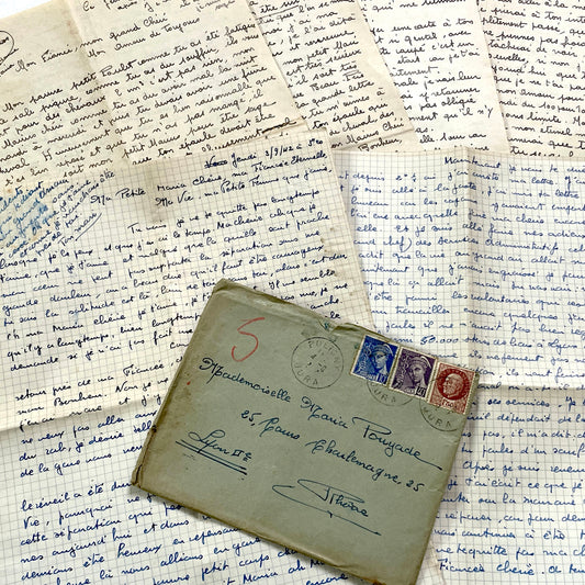 1940s - Two Romantic French Handwritten Love Letters from Lovers - Vintage WWII Era Correspondence Ephemera