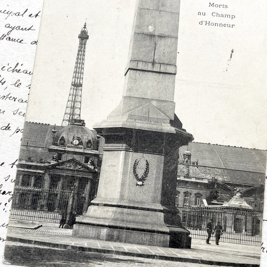 1900s - Paris Ecole Militaire War Memorial Postcard - Vintage French Monument - Eiffel Tower View - Historic Military Tribute