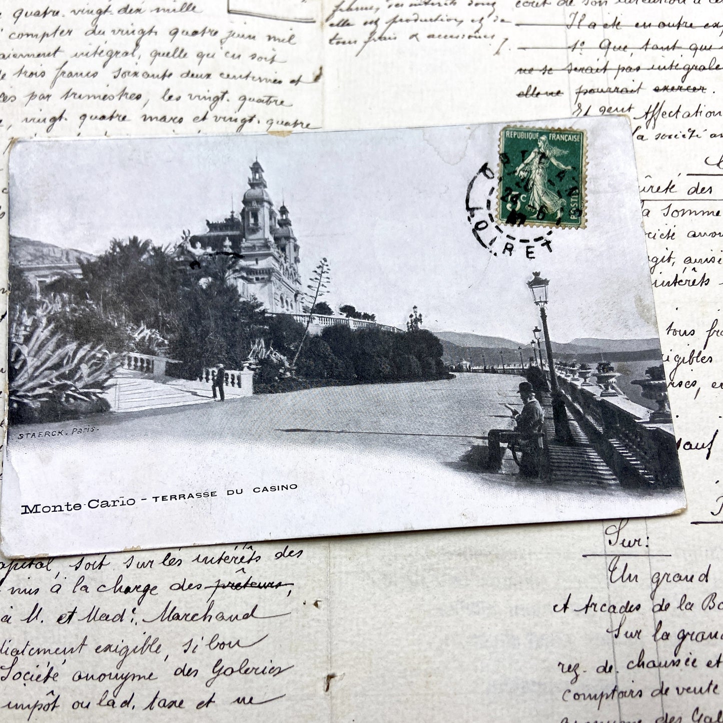 1910s - Vintage Postcard of Monte Carlo Casino Terrace - French Semeuse Stamp - Mediterranean Coastline - Belle Époque Architecture