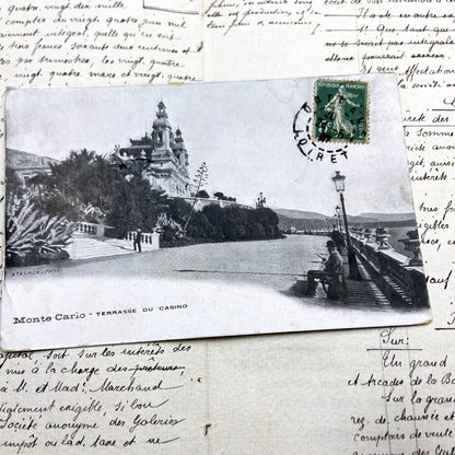 1910s - Vintage Postcard of Monte Carlo Casino Terrace - French Semeuse Stamp - Mediterranean Coastline - Belle Époque Architecture