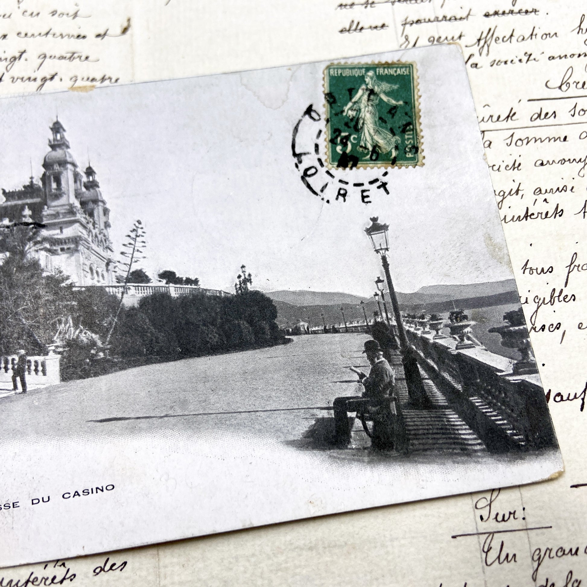 1910s - Vintage Postcard of Monte Carlo Casino Terrace - French Semeuse Stamp - Mediterranean Coastline - Belle Époque Architecture