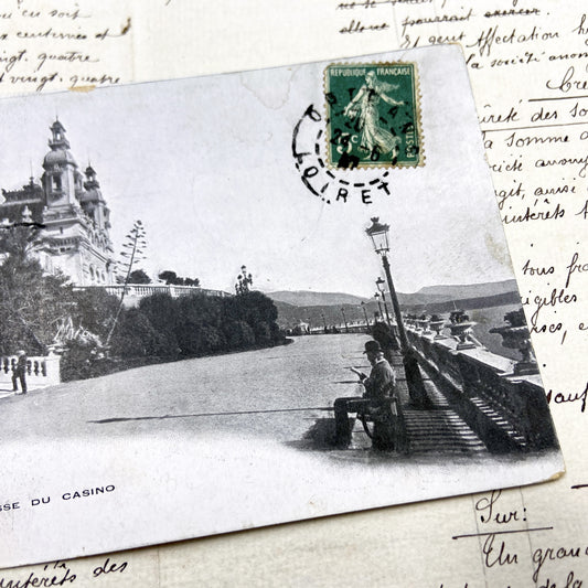 1910s - Vintage Postcard of Monte Carlo Casino Terrace - French Semeuse Stamp - Mediterranean Coastline - Belle Époque Architecture