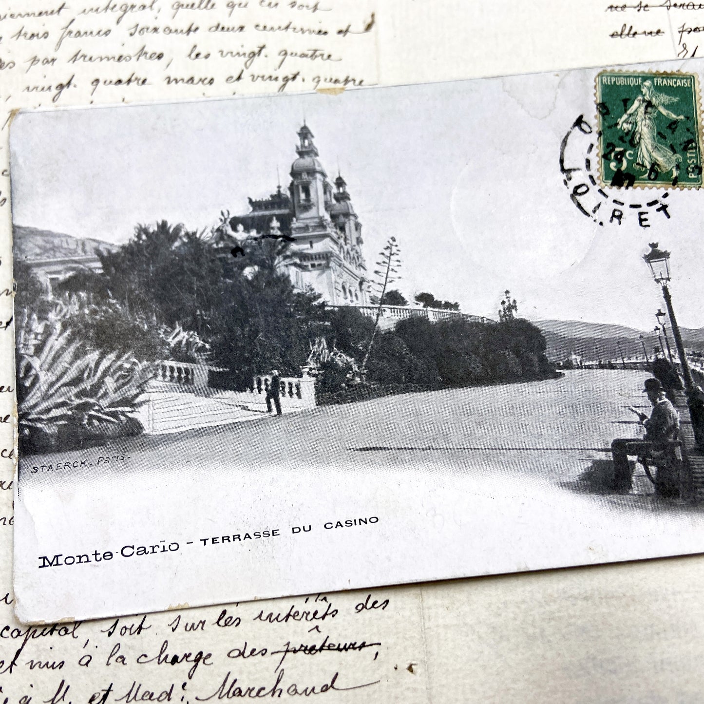 1910s - Vintage Postcard of Monte Carlo Casino Terrace - French Semeuse Stamp - Mediterranean Coastline - Belle Époque Architecture