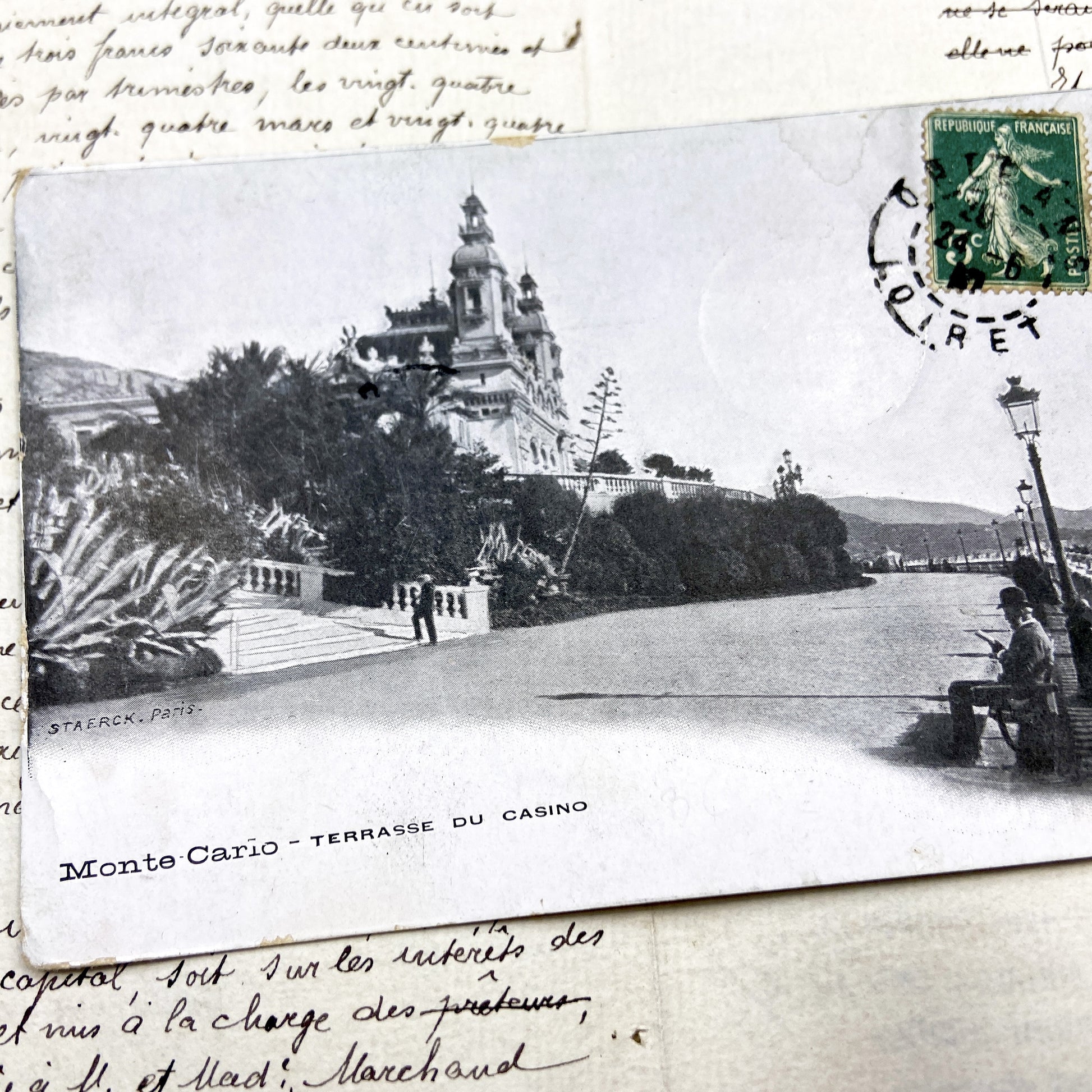 1910s - Vintage Postcard of Monte Carlo Casino Terrace - French Semeuse Stamp - Mediterranean Coastline - Belle Époque Architecture