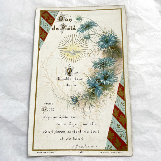 1910s - Antique French Religious Card - Don De Piété - Holy Spirit Dove - Blue Floral Motif - Vintage Devotional Art Collectible