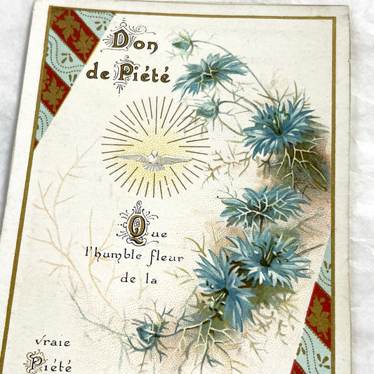 1910s - Antique French Religious Card - Don De Piété - Holy Spirit Dove - Blue Floral Motif - Vintage Devotional Art Collectible