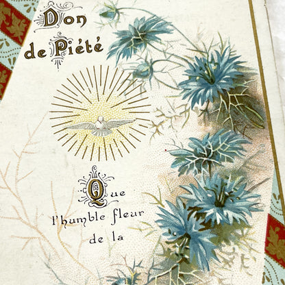 1910s - Antique French Religious Card - Don De Piété - Holy Spirit Dove - Blue Floral Motif - Vintage Devotional Art Collectible