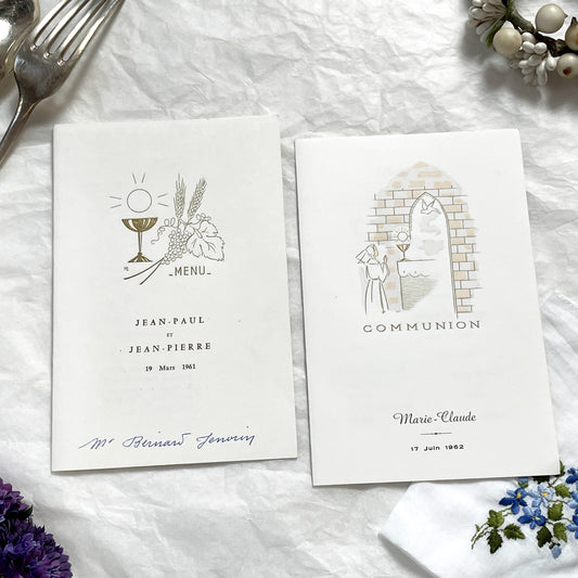 1960s - Two Vintage French First Communion Menus - 1961 Jean-Paul Jean-Pierre & 1962 Marie-Claude - Elegant Mid-Century Dining Ephemera