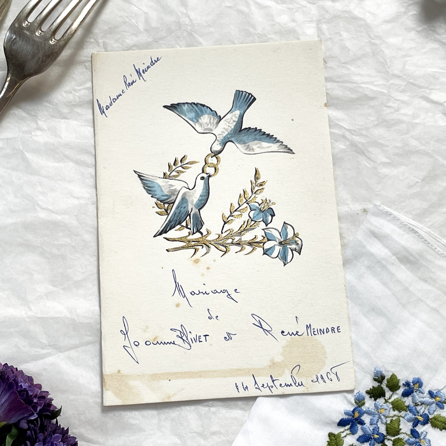 1960s - French Vintage Wedding Menu Card - Joanne Rivet Rene Meindre - 1967 Handwritten Ceremony Lunch Program - Antique Culinary Ephemera