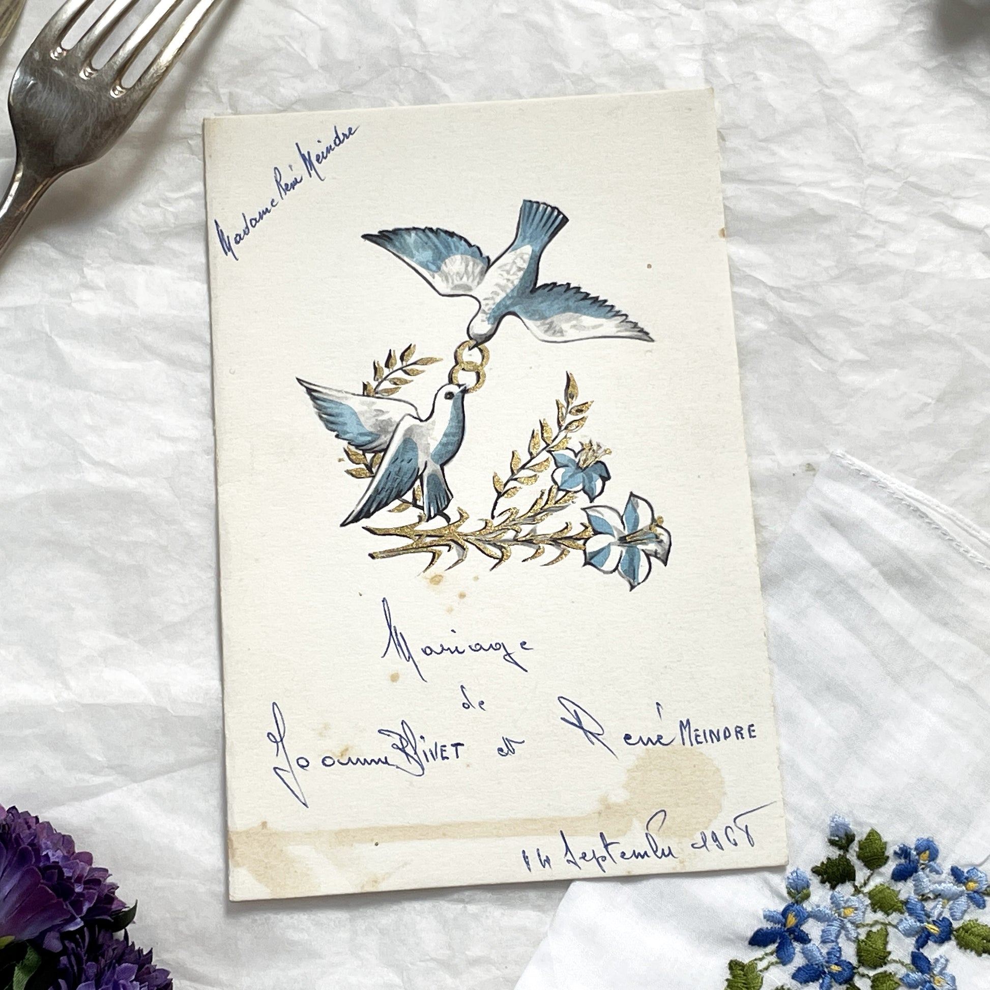1960s - French Vintage Wedding Menu Card - Joanne Rivet Rene Meindre - 1967 Handwritten Ceremony Lunch Program - Antique Culinary Ephemera