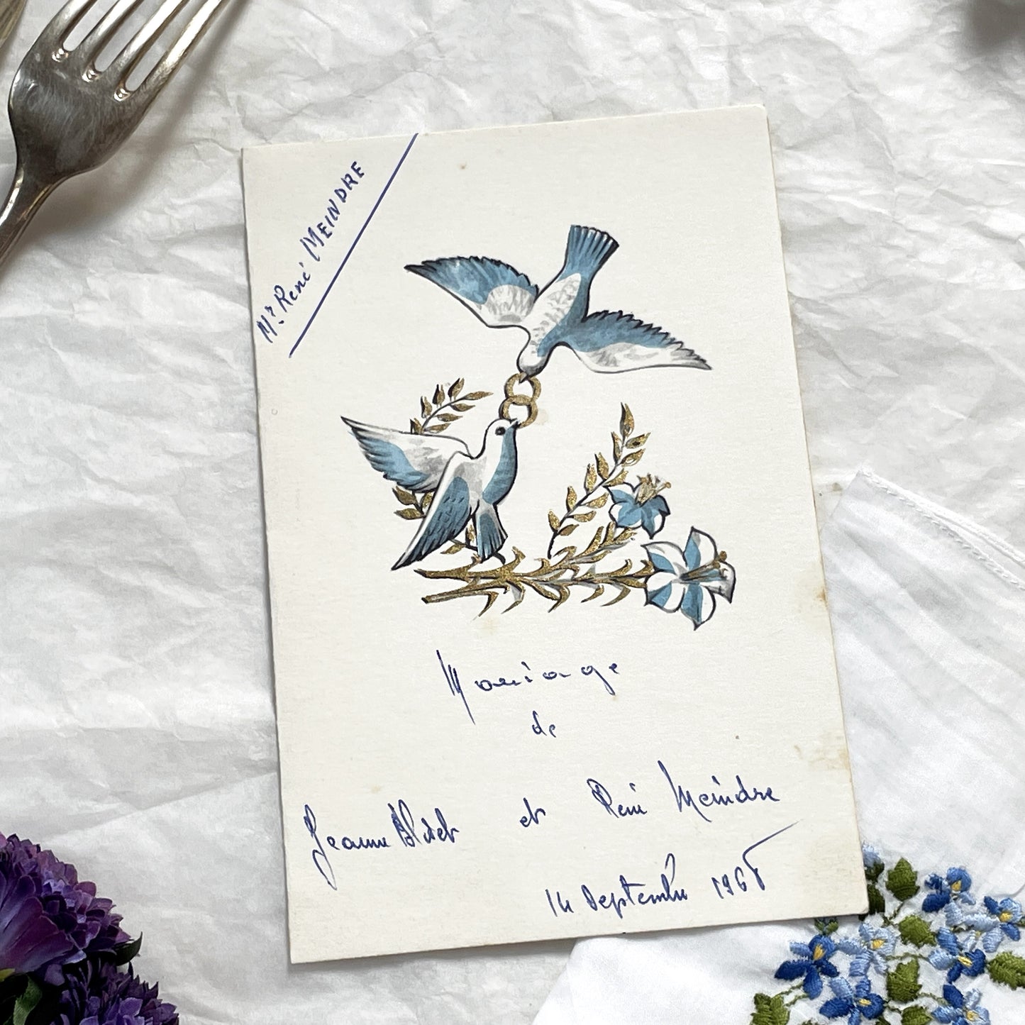 1960s - Vintage Wedding Menu Card - French Marriage Celebration Document - Handwritten Dinner List - Doves Motif - September 1965 Keepsake