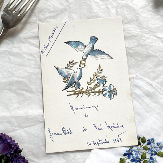 1960s - Vintage Wedding Menu Card - French Marriage Celebration Document - Handwritten Dinner List - Doves Motif - September 1965 Keepsake