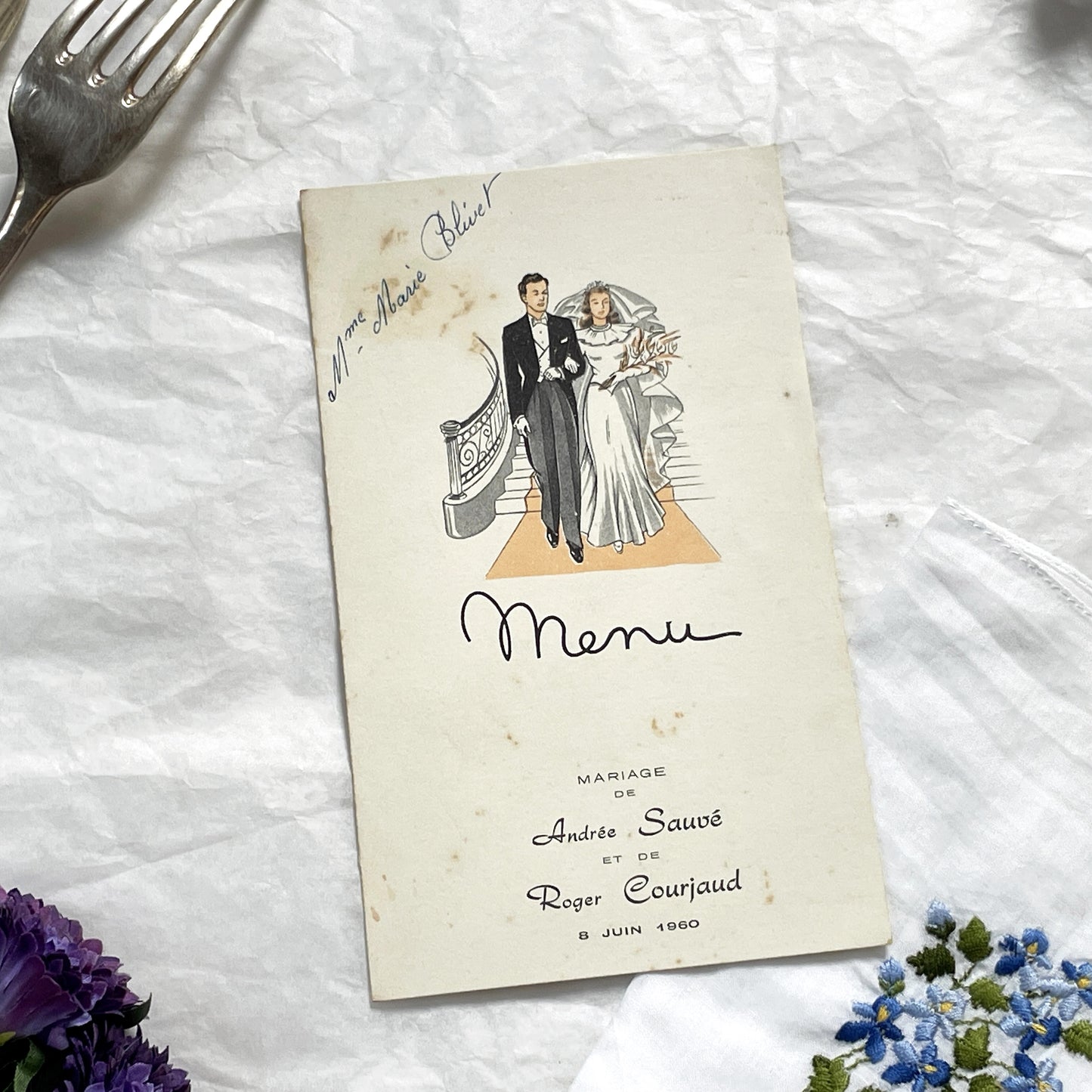 1960s - Vintage French Wedding Menu - Andrée Roger Wedding - June 1960 Event - Elegant Classic Illustration - Dinner Lunch Celebration