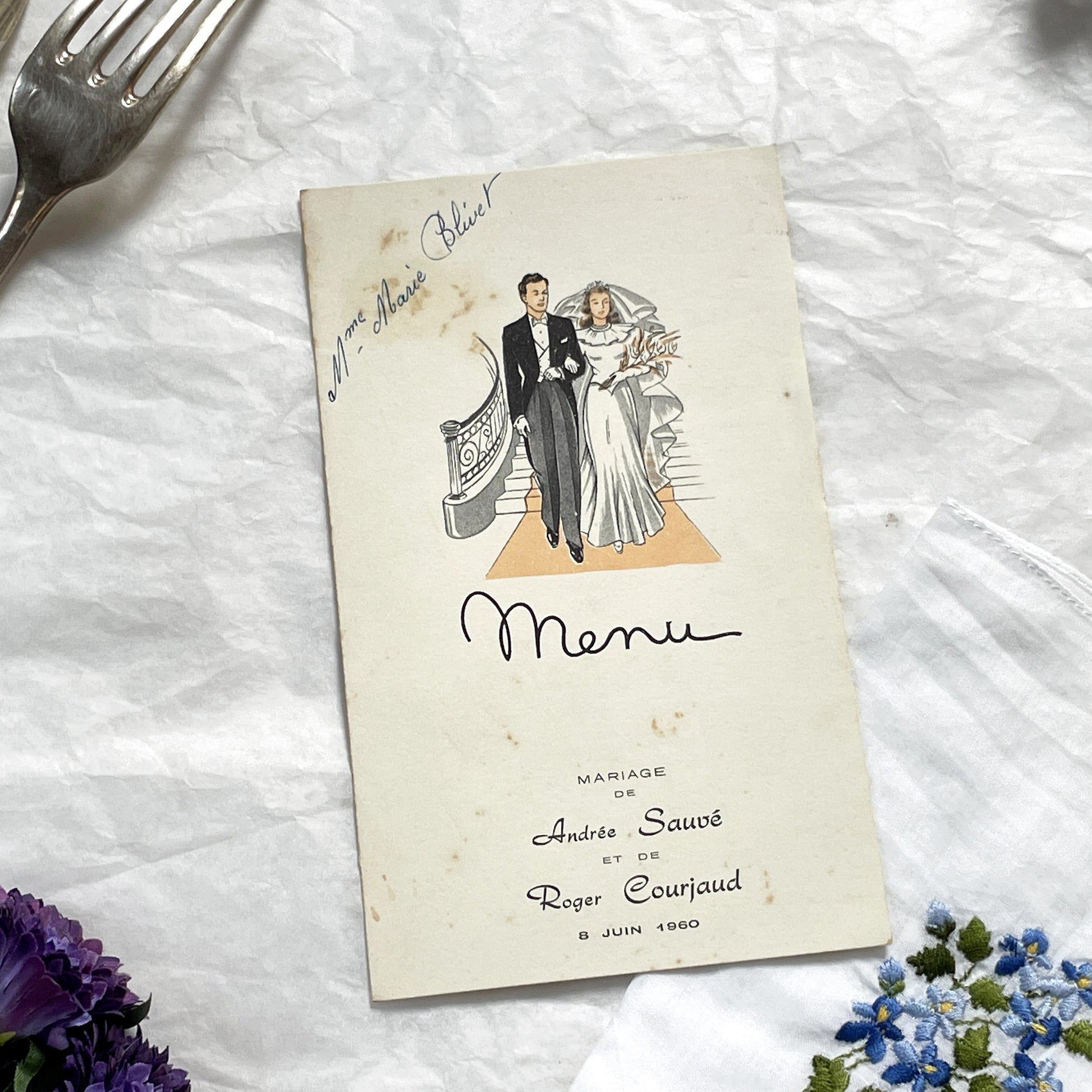 1960s - Vintage French Wedding Menu - Andrée Roger Wedding - June 1960 Event - Elegant Classic Illustration - Dinner Lunch Celebration