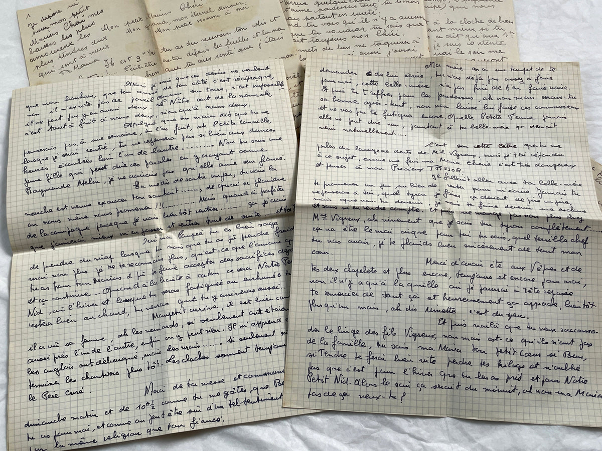 1940s - Two Long French Handwritten Love Letters - Authentic World War II Era Manuscript Correspondence Between Lovers from France