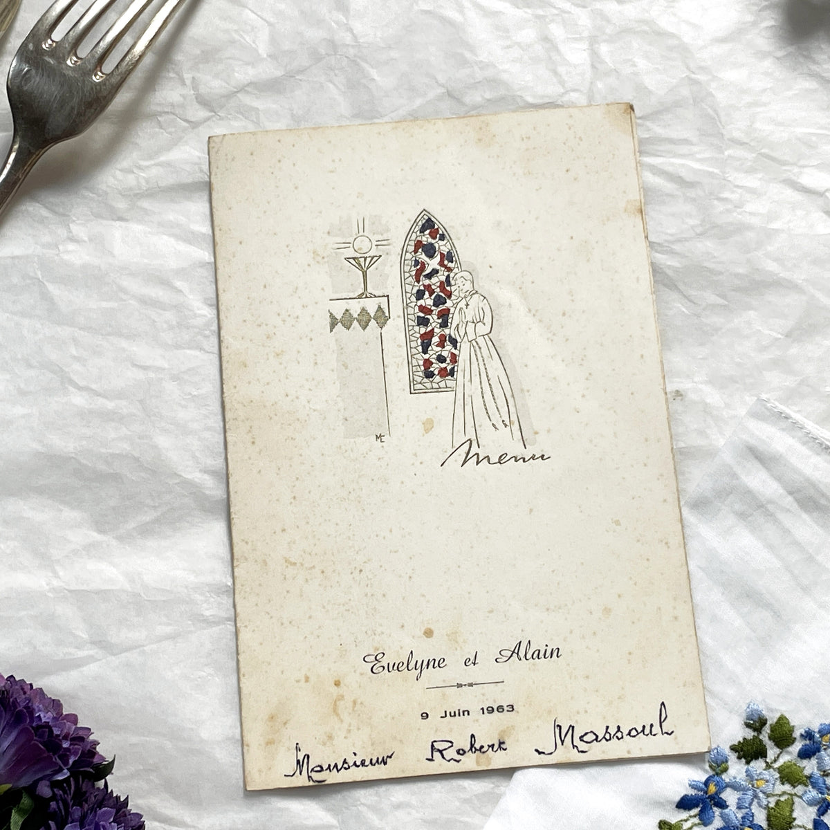 1960s - Vintage Wedding Menu - French Celebration Document - Religious Ceremony - Historic Dinner Program - Alain Evelyne 1963