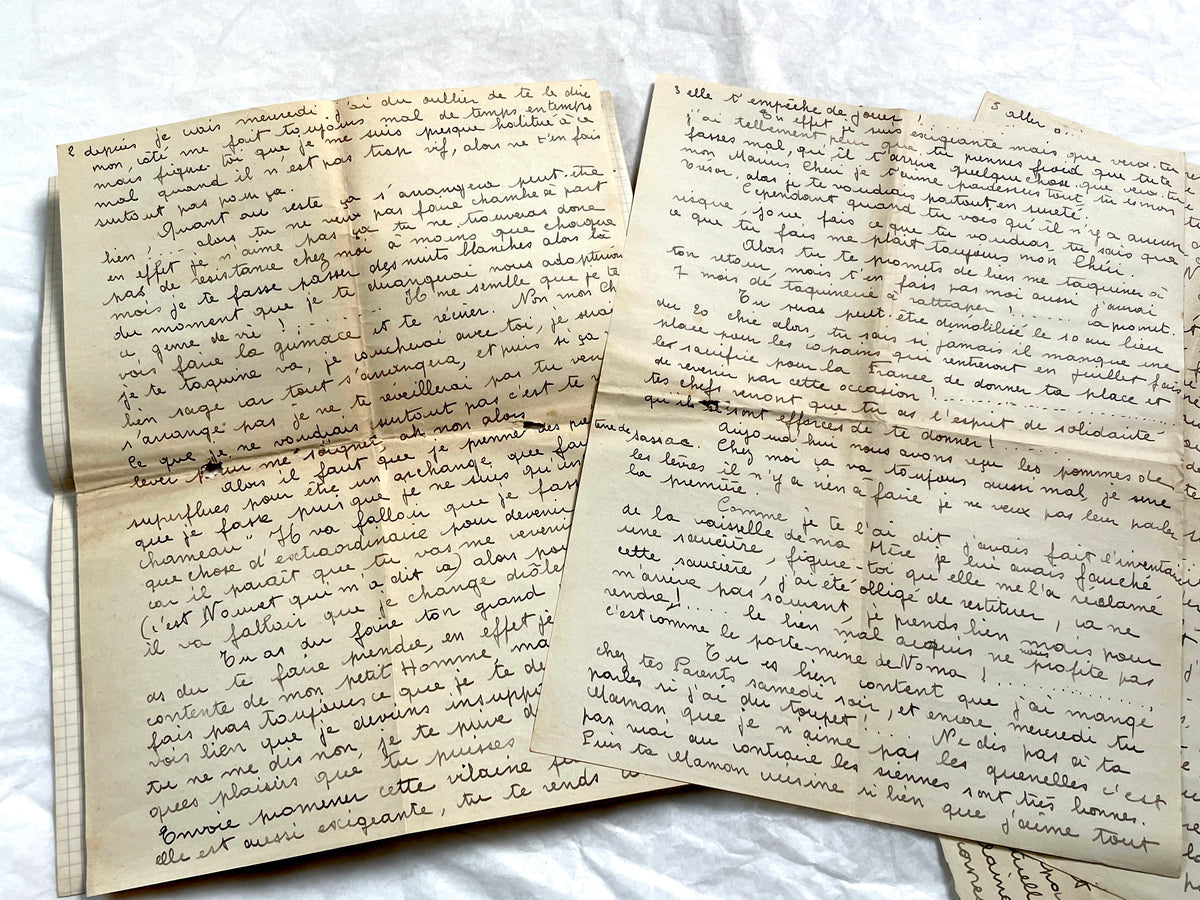 1940s - Two Long French Handwritten Love Letters - Authentic World War II Era Manuscript Correspondence Between Lovers from France