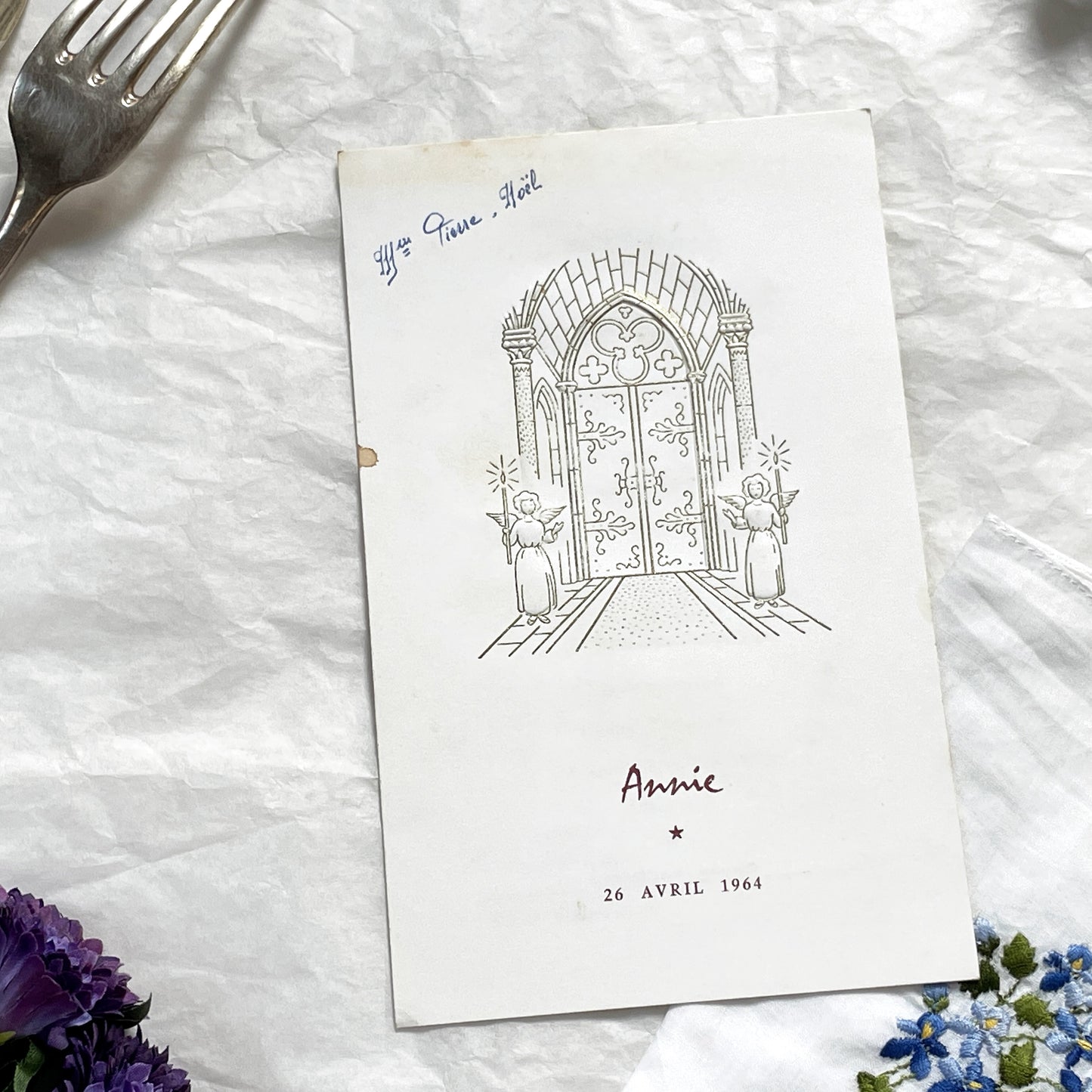 1960s - Vintage French First Communion Menu - Annie 1964 - Ornate Embossed Church Door Design - Gourmet Dining - Antique Paper Ephemera