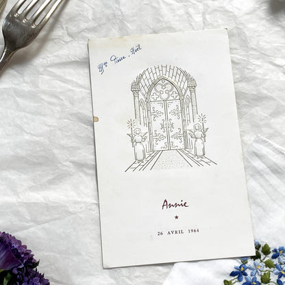 1960s - Vintage French First Communion Menu - Annie 1964 - Ornate Embossed Church Door Design - Gourmet Dining - Antique Paper Ephemera